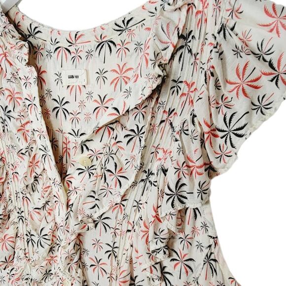 Warm Ecru Palm Trees Floral Ruffles Midi Dress -  warm 1 - Size S - Picture 1 of 7